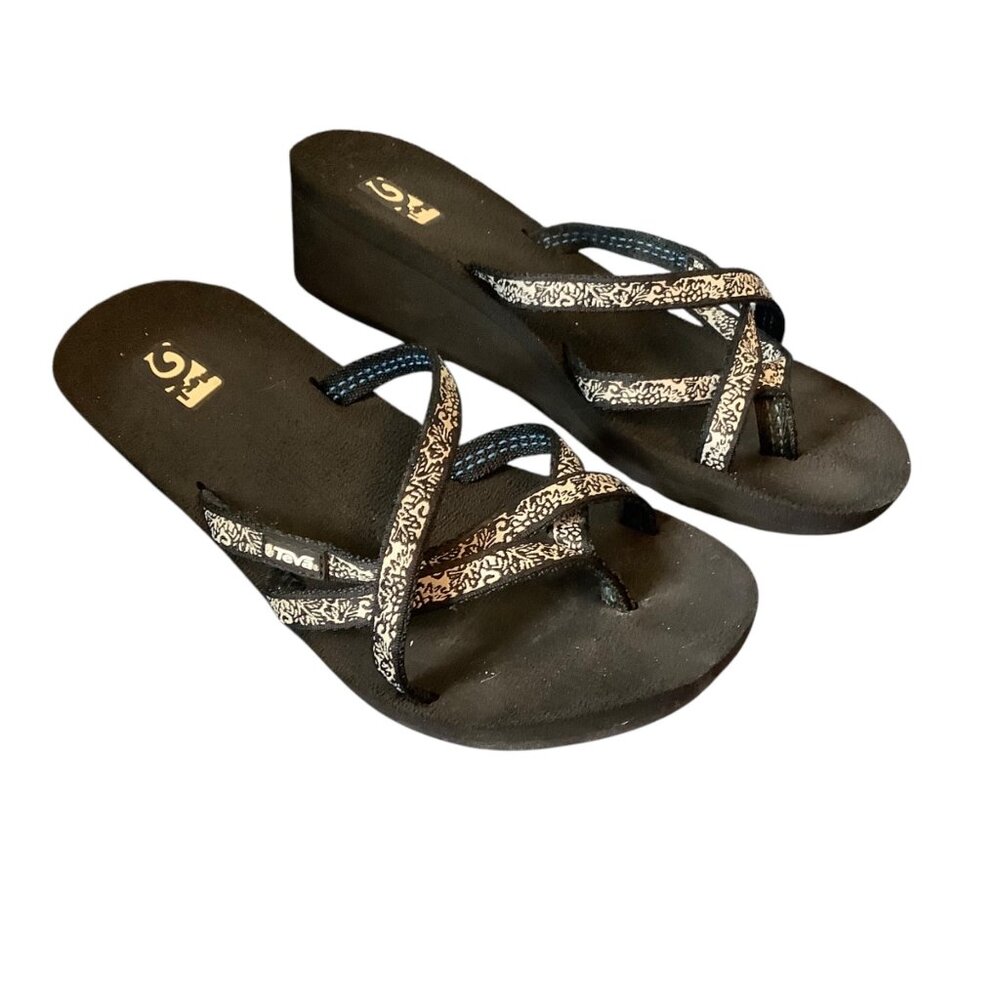 Teva Mush Mandalyn Wedge Ola 2 Sandals Crisscross Women Size 8 Black White‎